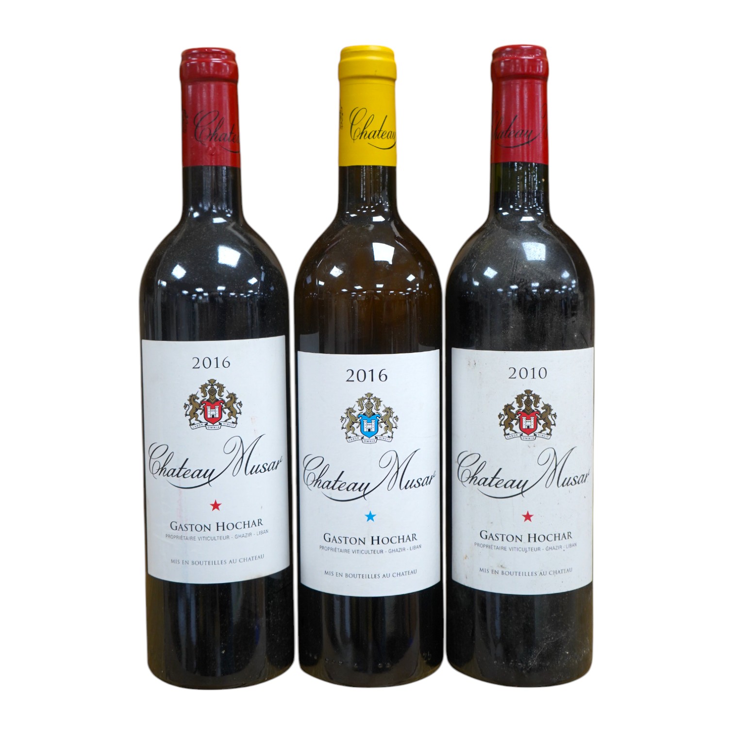 Three bottles of Chateau Musar; 2010, 2016 and a 2016 white. Condition - good